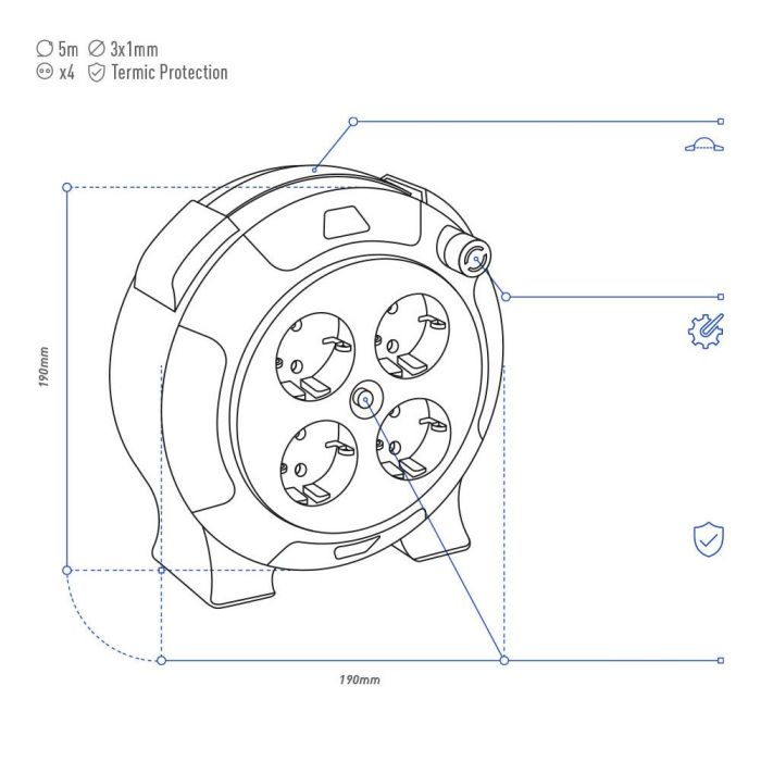 Edm Enrollacables 05m 3g 1,00 mm² 4 Tomas Bipolares con T/TL Hogar con Protector Térmico 3
