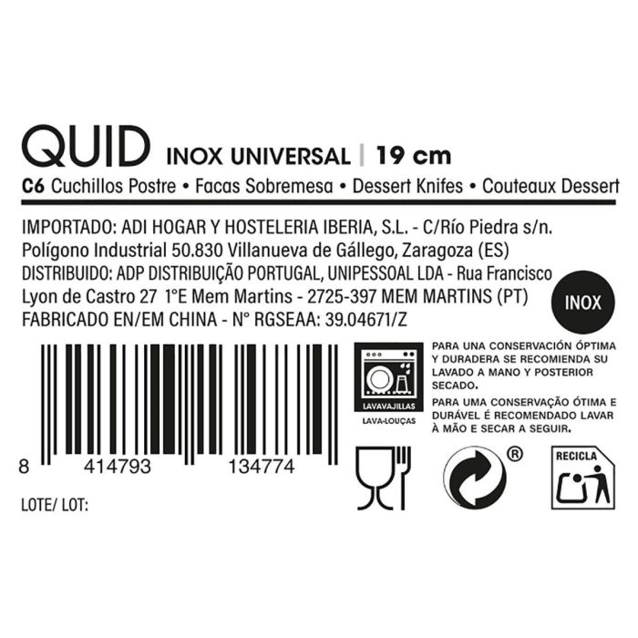 Set 6 Cuchillos Postre Acero Inox Inox Universal Quid 19 cm Set 6 Cuchillos Postre Acero Inox Inox Universal Quid 19 cm