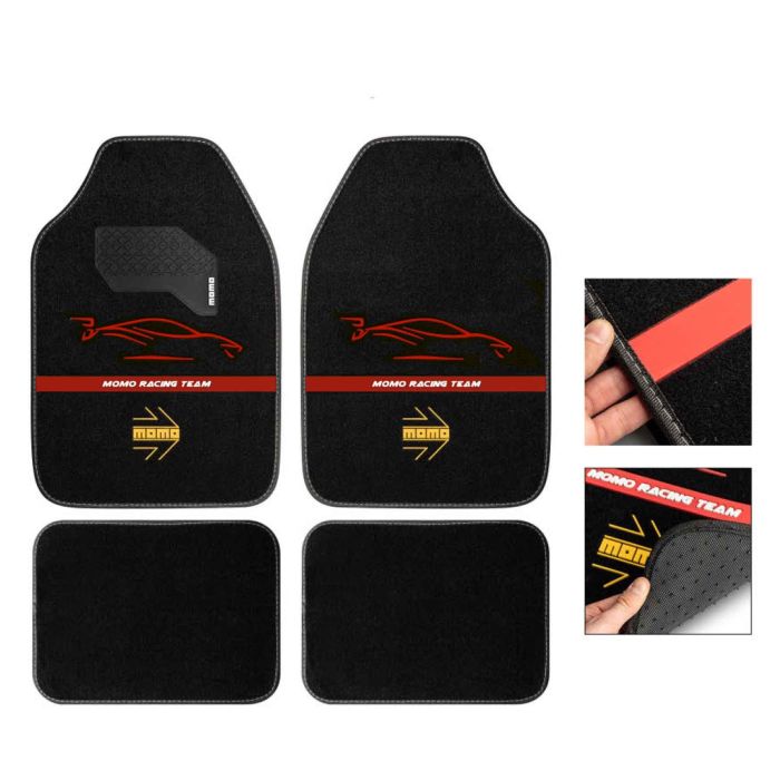 Momo MOMLCM4A7BR Set Completo 4 Piezas Alfombras Universales Negro-Rojo para Coche Calidad Resistente 1