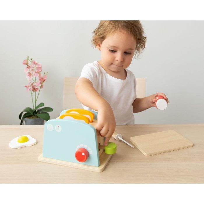 KioKids Juguete Tostadora de Madera Azul | Set de Desayuno de Imitación con Huevo, Mantequilla, Mermelada y Tostadas | Niños +3 Años 1