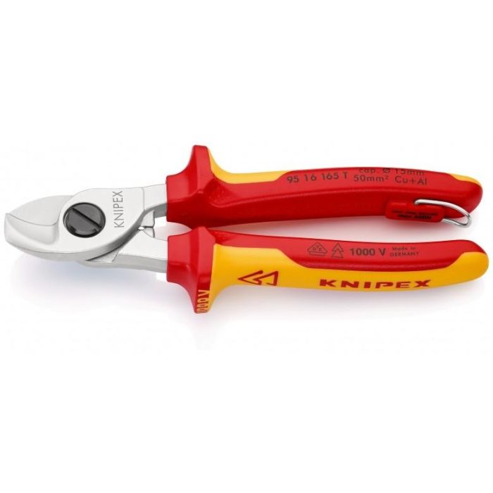 Knipex 95 16 165 T - Tijera pelacables para prensar, herramienta de corte de metal, con mango de plástico en negro y amarillo