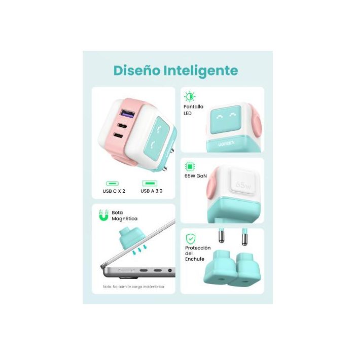 UGREEN Cargador Rápido GaN 65W 3 Puertos USB C/A con Pantalla LED, Azul - Ref. 35855 UGREEN Cargador Rápido GaN 65W 3 Puertos USB C/A con Pantalla LED, Azul - Ref. 35855