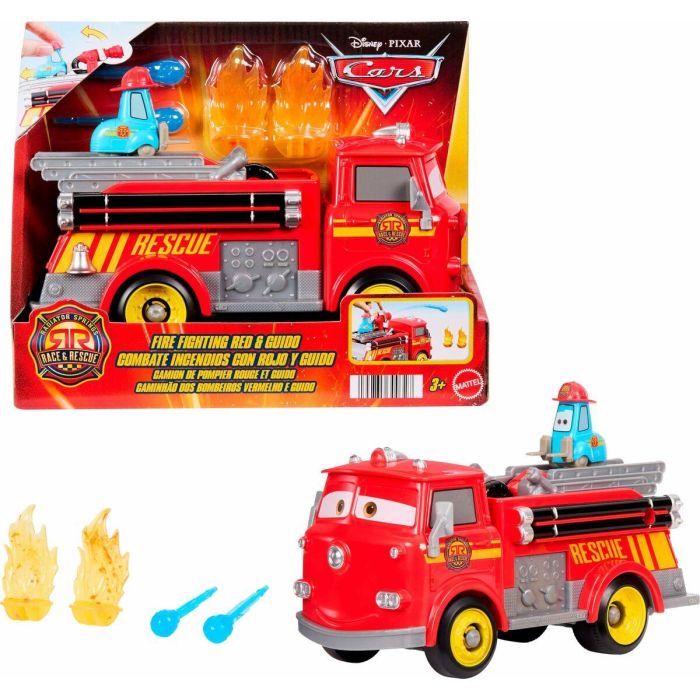 Mattel Jfl54 Cars Disney Pixar, Camión de Bomberos Rojo con Guido - Vehículo de juguete de rescate a toda máquina en Radiador Springs 11