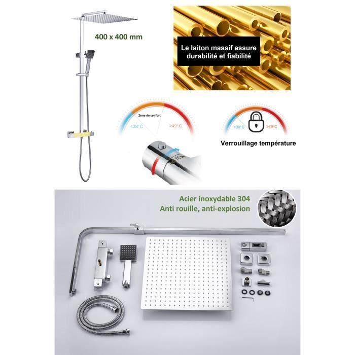 Oceanic Columna de Ducha Mezclador Termostático (38°C), Rociador Cuadrado Extraplano 40x40 cm Acero Inoxidable, Teleducha, Cromo