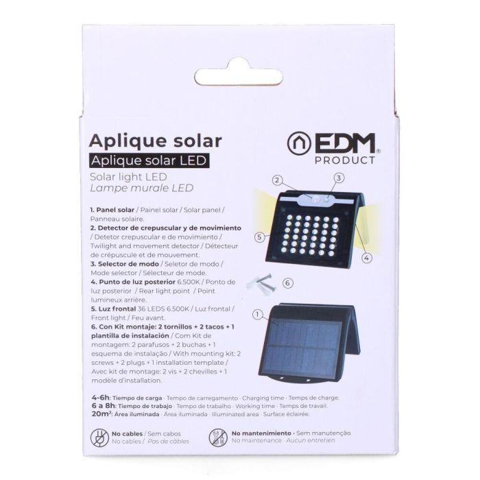 Edm Aplique Solar con Sensor Negro 2W 220 Lm 6500K IP44 5 Edm Aplique Solar con Sensor Negro 2W 220 Lm 6500K IP44 5