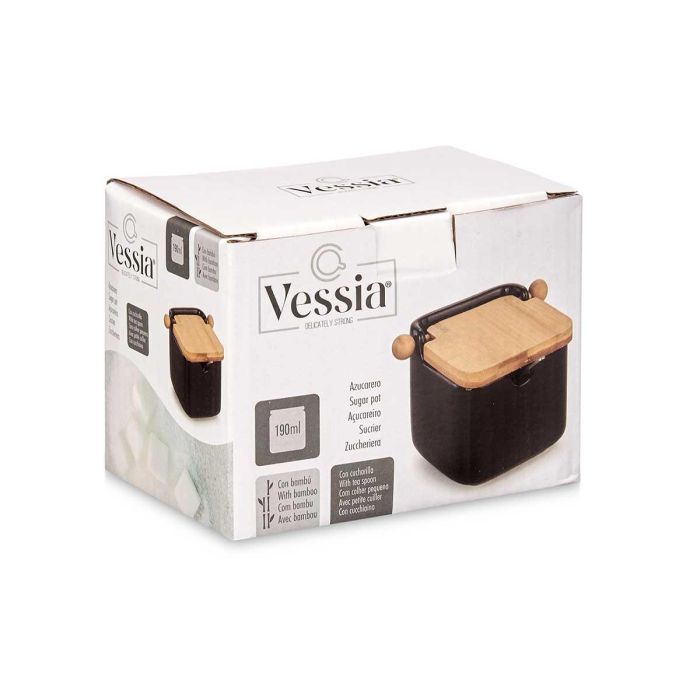 Vessia Azucarero Ceramica Negro Tapa Bambu Acero Inoxidable 10.8x7.5x8 cm (Set de 6) 2