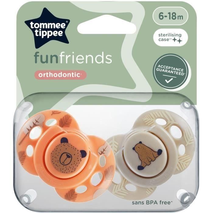 Chupete - TOMMEE TIPPEE - FUN - 6-18 meses - Set de 2 chupetes simétricos sin BPA - Cápsula de esterilización reutilizable 3