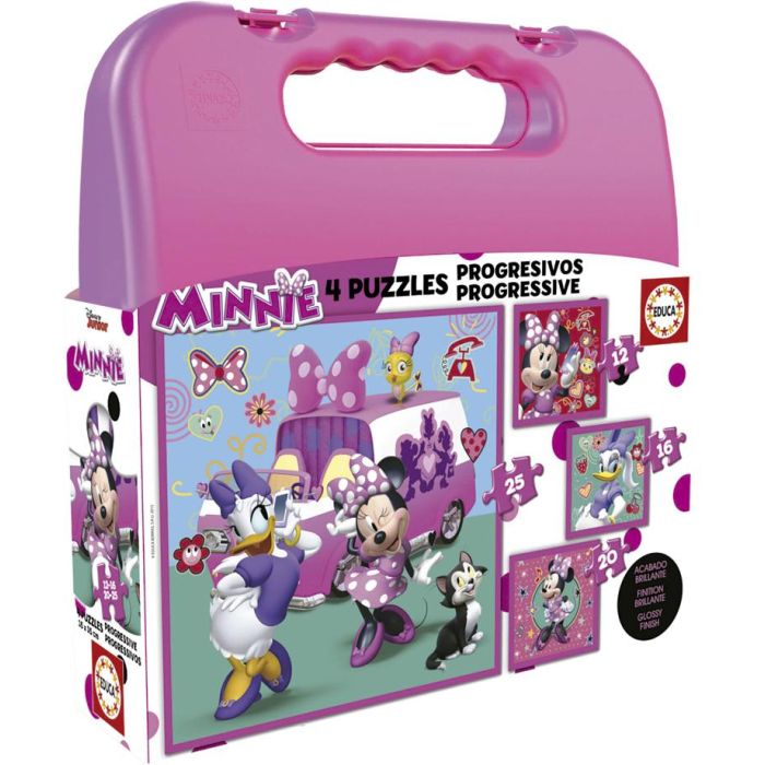 Educa 17638 Maleta con 4 Puzzles Progresivos Minnie Happy Helpers, Piezas 12, 16, 20 y 25, Puzzles de Cartón 16x16cm, para Niños 3+ Años