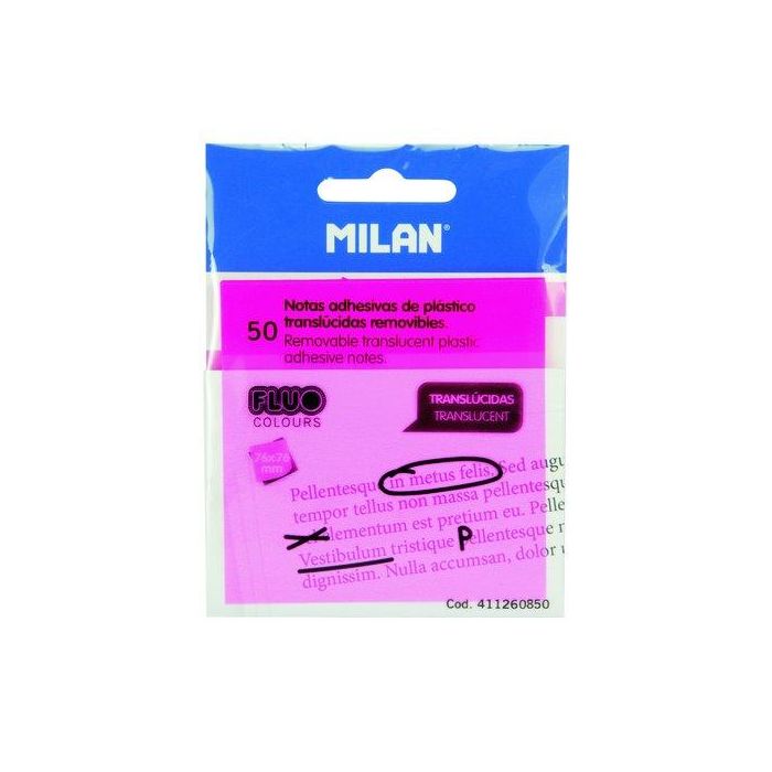 Milan Bloc Notas Adhesivas Removibles 50H 76x76mm Plástico Translúcido Rosa Fluorescente