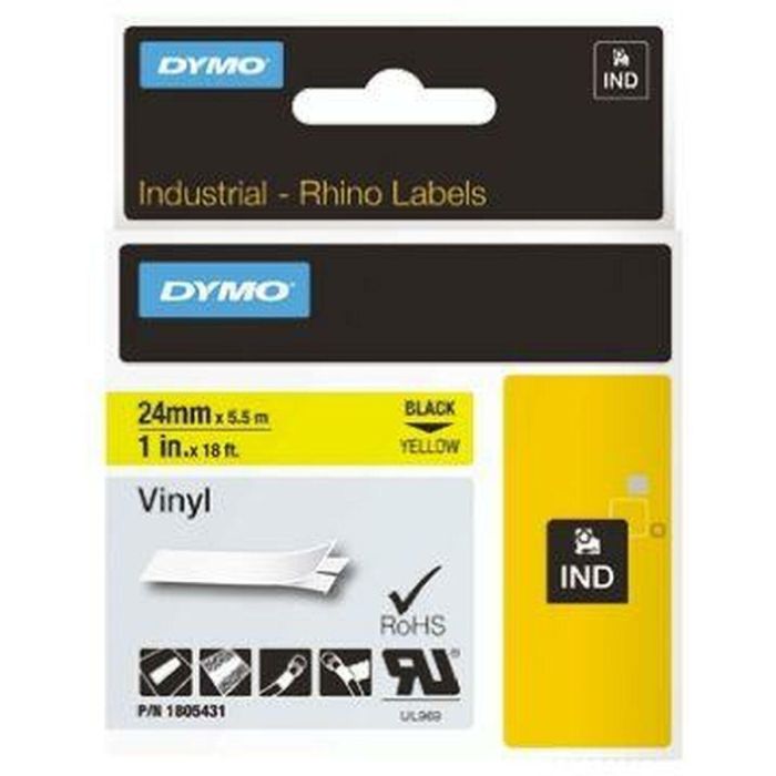 Cinta Laminada para Rotuladoras Rhino Dymo ID1-24 24 x 5,5 mm Negro Amarillo Vinilo Autoadhesivas (5 Unidades) 1