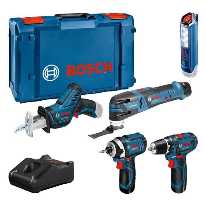 KIT DE 5 HERRAMIENTAS Bosch Professional: GSR 12V15 + GOP 12V28 + GDR 12V105 + GSA 12V14 + GLI 12V300 + 3x2.0Ah + Cargador, XLBoxx-0615990N1D