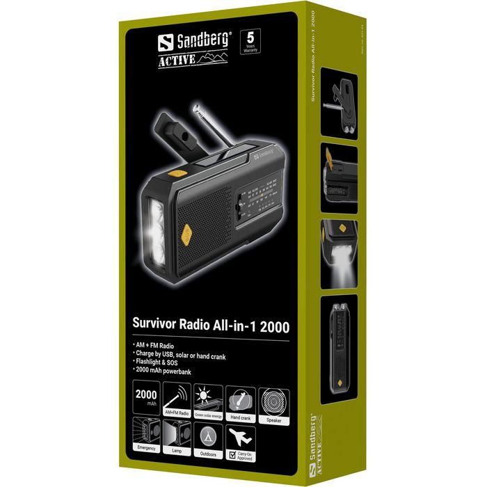 Sandberg Survivor All-in-1 2000 Radio Multifunción con Powerbank, Altavoz, Linterna y Carga Solar/Manivela 14