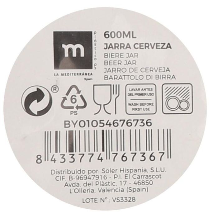 La Mediterranea Jarra Cerveza 600 ml. Dimensiones: 9,3 cm (ancho) x 15,3 cm (alto) x 8,2 cm (largo). (24 Unidades)