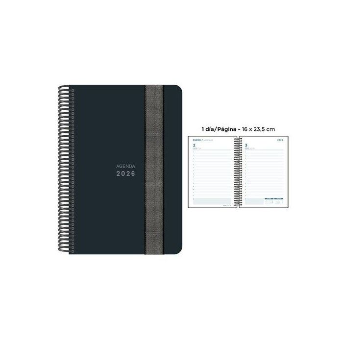 Agenda Anual (2026) Senfort Unicolor Espiral Tapa Pp Con Goma 160X235 D/P Negro