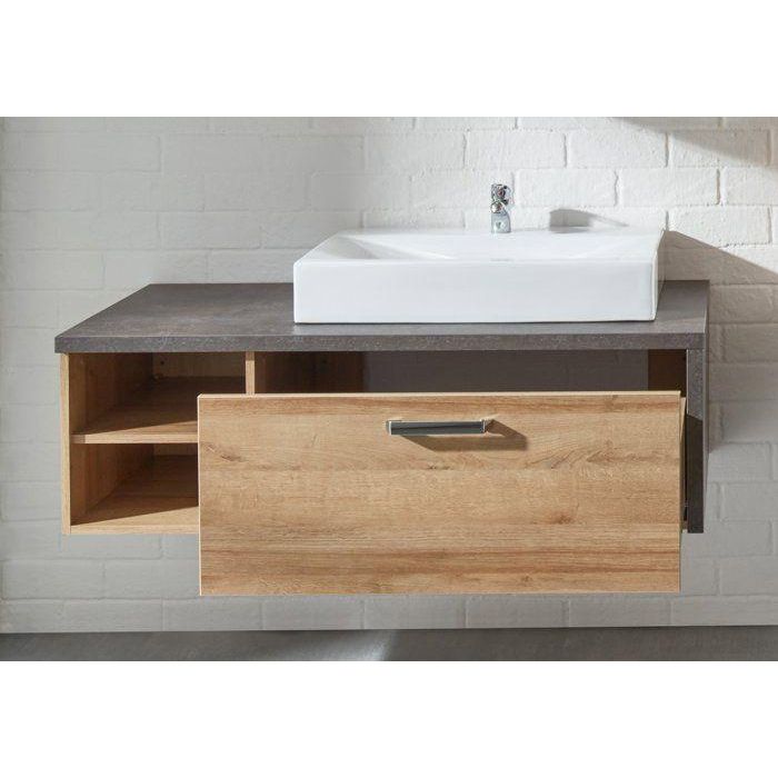 Mueble de baño - BAY - Melamina roble y hormigón - 1 cajón + 2 nichos - Lavabo incluido - L123 x P53 x H54 cm 1 Mueble de baño - BAY - Melamina roble y hormigón - 1 cajón + 2 nichos - Lavabo incluido - L123 x P53 x H54 cm 1