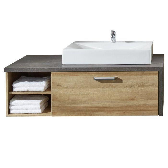 Mueble de baño - BAY - Melamina roble y hormigón - 1 cajón + 2 nichos - Lavabo incluido - L123 x P53 x H54 cm 2 Mueble de baño - BAY - Melamina roble y hormigón - 1 cajón + 2 nichos - Lavabo incluido - L123 x P53 x H54 cm 2