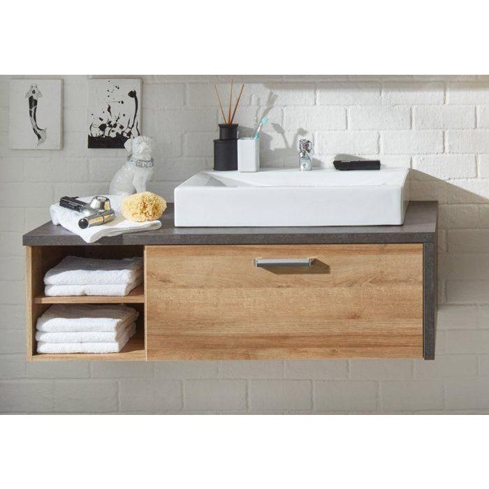 Mueble de baño - BAY - Melamina roble y hormigón - 1 cajón + 2 nichos - Lavabo incluido - L123 x P53 x H54 cm 3 Mueble de baño - BAY - Melamina roble y hormigón - 1 cajón + 2 nichos - Lavabo incluido - L123 x P53 x H54 cm 3