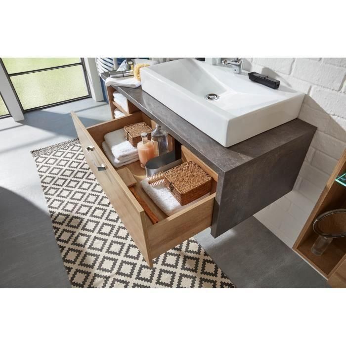 Mueble de baño - BAY - Melamina roble y hormigón - 1 cajón + 2 nichos - Lavabo incluido - L123 x P53 x H54 cm 4 Mueble de baño - BAY - Melamina roble y hormigón - 1 cajón + 2 nichos - Lavabo incluido - L123 x P53 x H54 cm 4