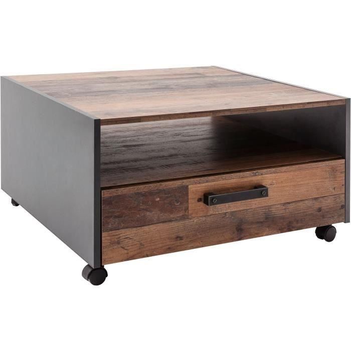 Mesa de centro cuadrada - Tablero de partículas - Madera envejecida y decoración gris - Doble tapa - 1 cajón - L70 x D70 x H40 cm