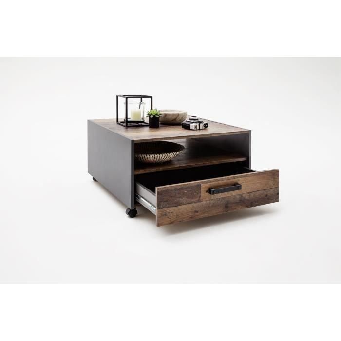 Mesa de centro cuadrada - Tablero de partículas - Madera envejecida y decoración gris - Doble tapa - 1 cajón - L70 x D70 x H40 cm 2