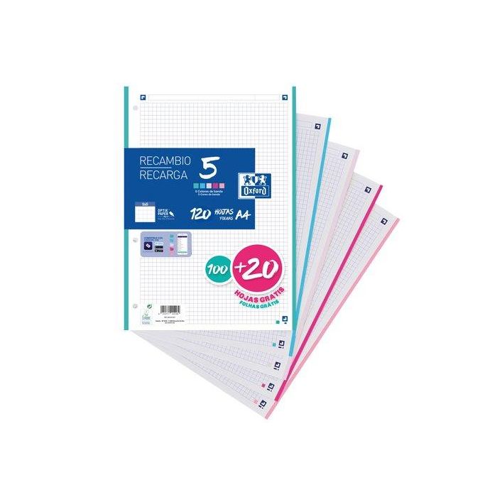 Oxford Recambio Classic 100H + 20H Gratis, A4, 90 gr, 5x5 mm, 4 Taladros, 5 Bandas Colores Pastel, Compatible con SCRIBZEE