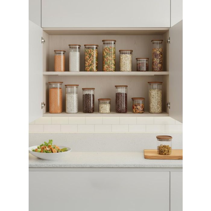 Inde Tarro de Boro-silicato Óptico con Tapa Acacia, Cuadrado, 950 ml, Colección La Mediterran - 10.2 x 10.2 x 15.7 cm (12 Unidades)