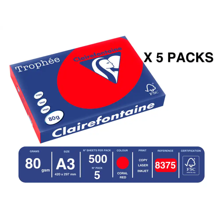 Trophee Papel Color A3 80gr Rojo Coral Paquete 500 Hojas 1