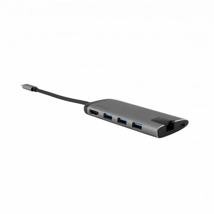 Verbatim Hub Multipuerto USB-C con HDMI, 3x USB 3.0, Ethernet Gigabit, Lector SD/microSD, Carga PD, Soporte 4K UHD 3