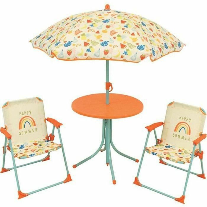 FUN HOUSE Fruity's Garden muebles - 1 mesa H.46 x ø46 cm, 2 sillas H.53xW.38.5xD.37.5 cm y 1 sombrilla H.125 x ø100 cm