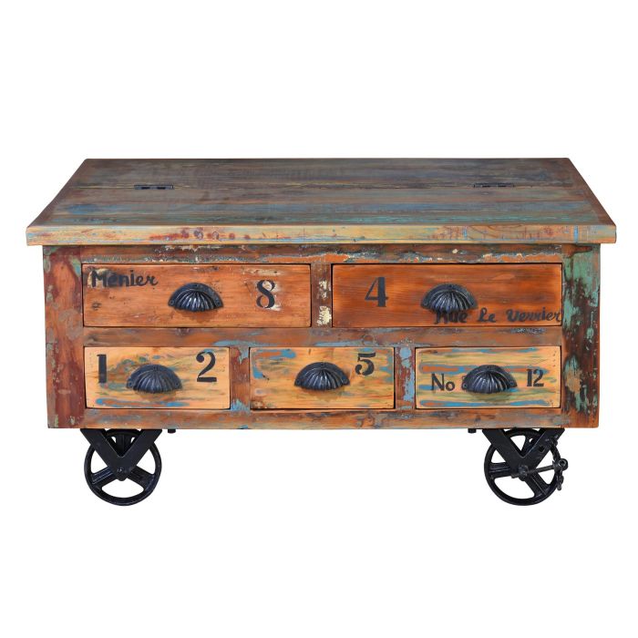 Giner y Colomer Mesa de Café en Madera Reciclada Multicolor con 5 Cajones 1 Giner y Colomer Mesa de Café en Madera Reciclada Multicolor con 5 Cajones 1