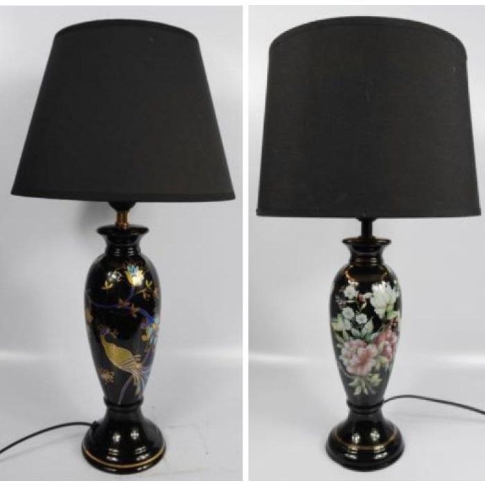DKD Home Decor Lámpara de Sobremesa Estilo Oriental Negro Dorado con Pájaro de Gres y Poliéster E27 28x51x28 cm Pack 2 Unidades