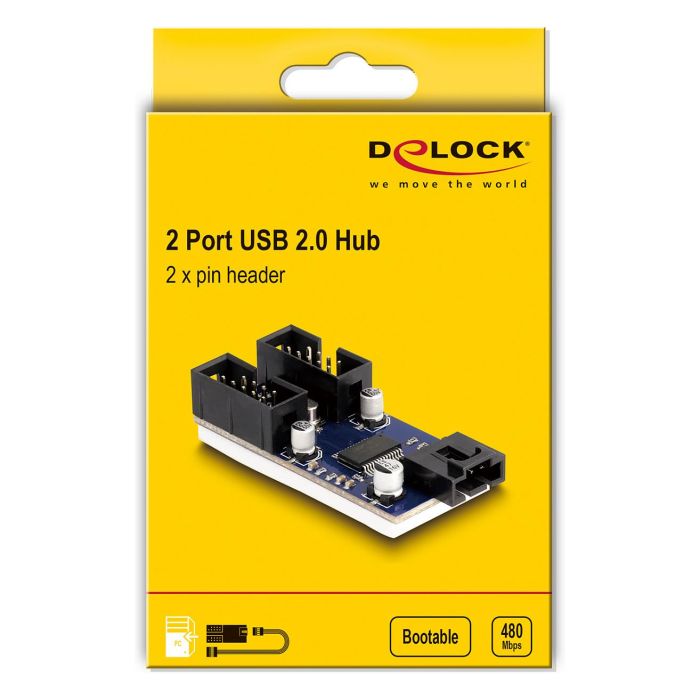 Delock Hub USB 2.0 Interno con 2 Puertos, USB Header 4 Pin y USB 2.0 Header 9 Pin, Conector Macho, Negro/Azul, para PC 3