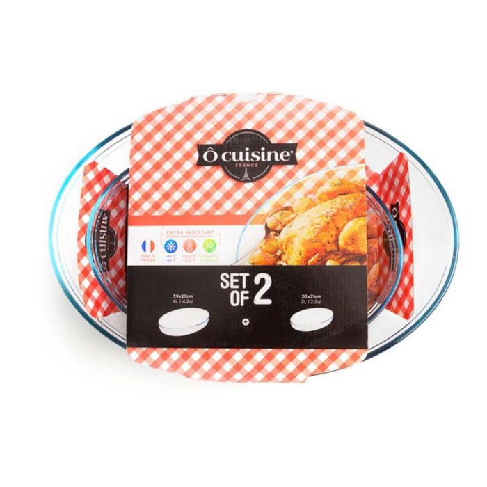 Ô Cuisine Set 2 Fuentes Oval Horno de Vidrio Borosilicato Transparente 40x29x9 cm - Apto Horno hasta 300°C, Microondas, Congelador