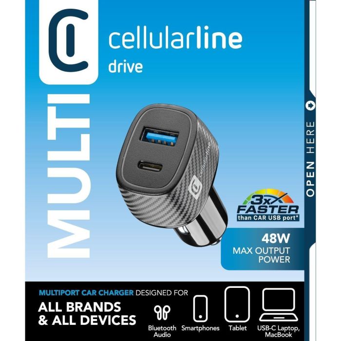 Cellularline Cargador Coche Rápido USB-C 30W Multipower Ultra para iPhone, Samsung, Xiaomi y otros Smartphones/Tablets Negro