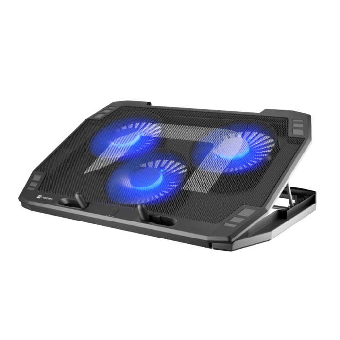 NATEC Oriole Almohadilla de refrigeración para portátil 17.3", 3 ventiladores, 1280 RPM, USB, Metal, Negro con iluminación azul