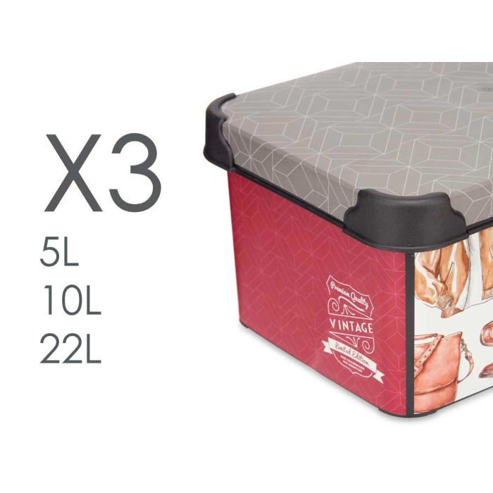 Kipit Set 3 Cajas Plástico Vintage Estampado 39.5x29x23.5 cm, 35x23.5x16 cm, 28.5x19x13.5 cm 3