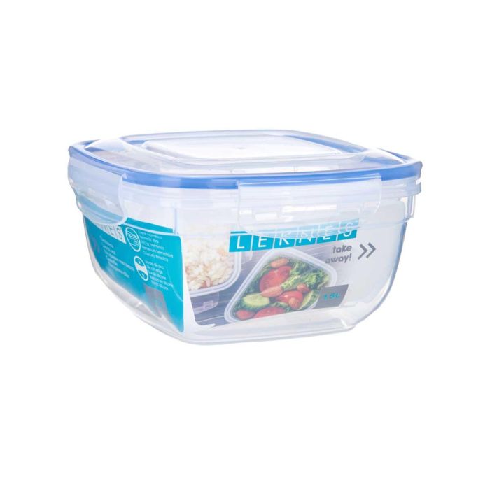 Fiambrera Leknes Cuadrada 1500 ml, Tapa Azul, 17x10x17 cm, Hermética (12 Unidades) 1 Fiambrera Leknes Cuadrada 1500 ml, Tapa Azul, 17x10x17 cm, Hermética (12 Unidades) 1