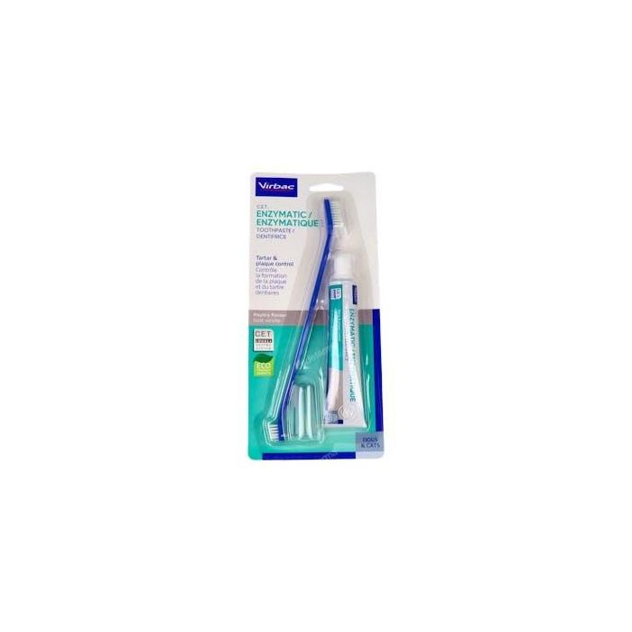 Virbac Cet Kit Dentífrico Enzimático para Perros y Gatos - Pasta Dental con 2 Cepillos, Reduce Sarro y Mal Aliento