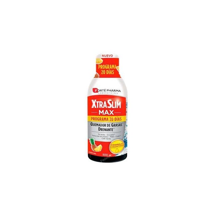 FORTE PHARMA Xtraslim Max, Quemador Líquido Sabor Piña 500ml con Té Verde, Café Verde, Mate e Hibiscus, Programa 20 Días