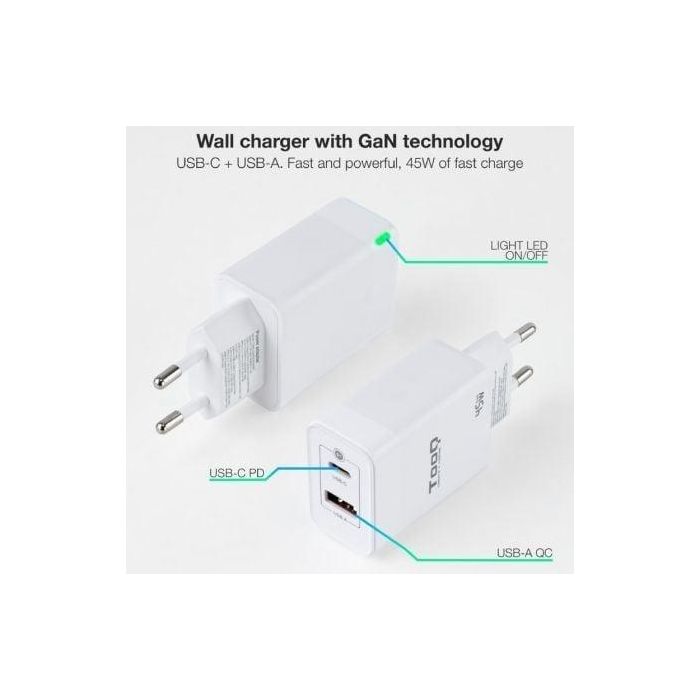 TooQ Cargador de Pared GaN USB-C/PD + USB-A/QC 45W Blanco TQWC-GANQCPD45WT 1 TooQ Cargador de Pared GaN USB-C/PD + USB-A/QC 45W Blanco TQWC-GANQCPD45WT 1