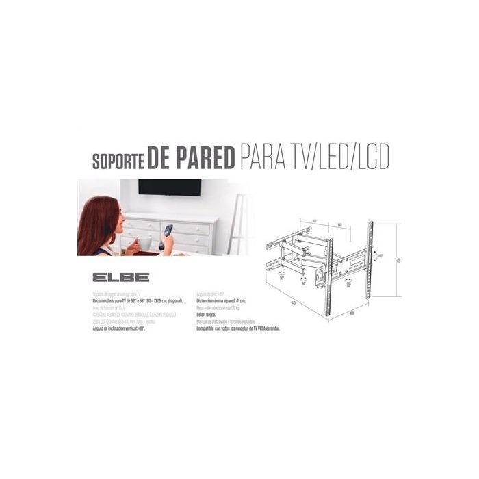 Soporte de Pared Articulado ELBE SP-3255-A para TV 32'-55', Máx. 30Kg, Inclinación 10º, Giro 45º, Compatible VESA 100x100 a 400x400 2 Soporte de Pared Articulado ELBE SP-3255-A para TV 32'-55', Máx. 30Kg, Inclinación 10º, Giro 45º, Compatible VESA 100x100 a 400x400 2