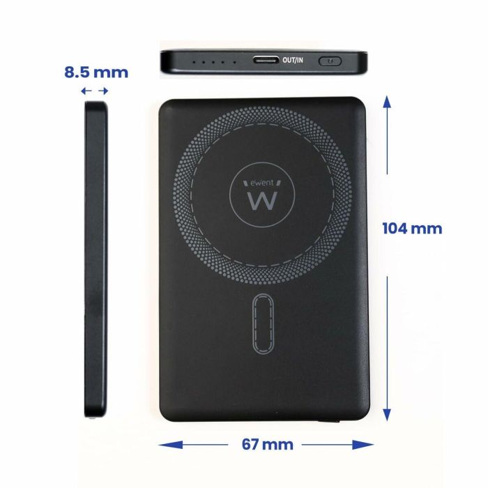 Ewent EW1160 - Batería Externa Power Bank 5000mAh MagSafe PD 22.5W QC USB-C UltraSlim Polímero de Litio Negro 14