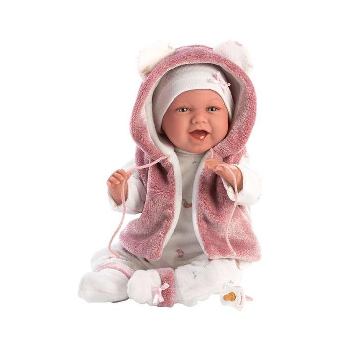 Llorens Muñeca Recién Nacida Mimi Sonrisas con Chaqueta Fucsia, Cuerpo de Tela y Chupete, Emite Sonidos, 40 cm 2