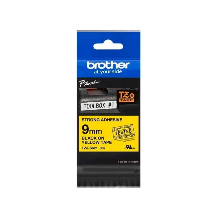 Brother cinta rotuladora laminada super adhesiva negro sobre fondo amarillo de 9mmx8m