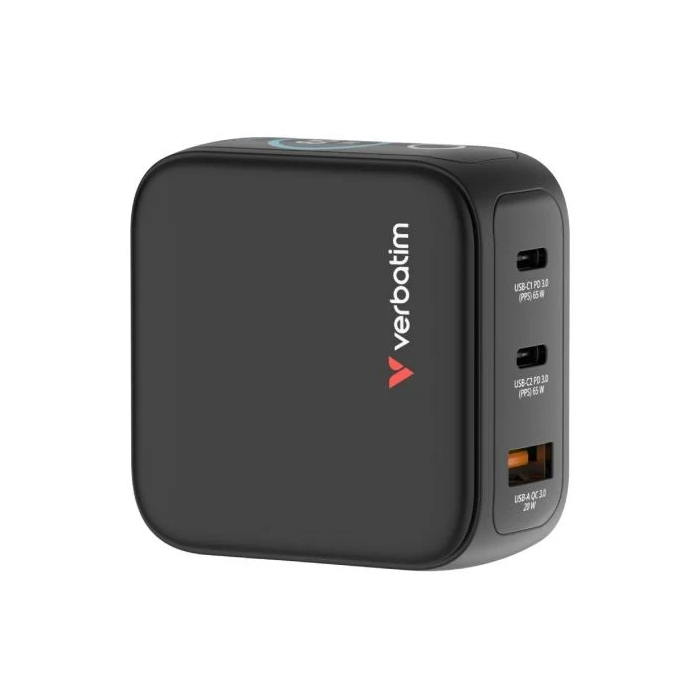 Verbatim Mini Cargador GaN 65W con Pantalla, 2xUSB-C PD, 1xUSB-A QC 3.0, Universal 100-240V, 30238 0 Verbatim Mini Cargador GaN 65W con Pantalla, 2xUSB-C PD, 1xUSB-A QC 3.0, Universal 100-240V, 30238 0