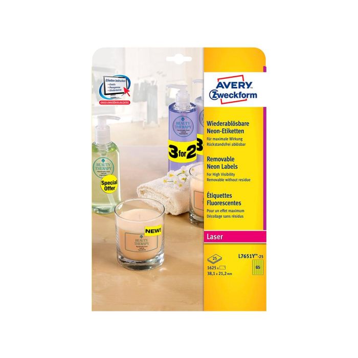 Etiqueta Adhesiva Avery Tamaño 38,1x21,2 mm Removible Amarillo Fluorescente Caja De 1625 Unidades 1