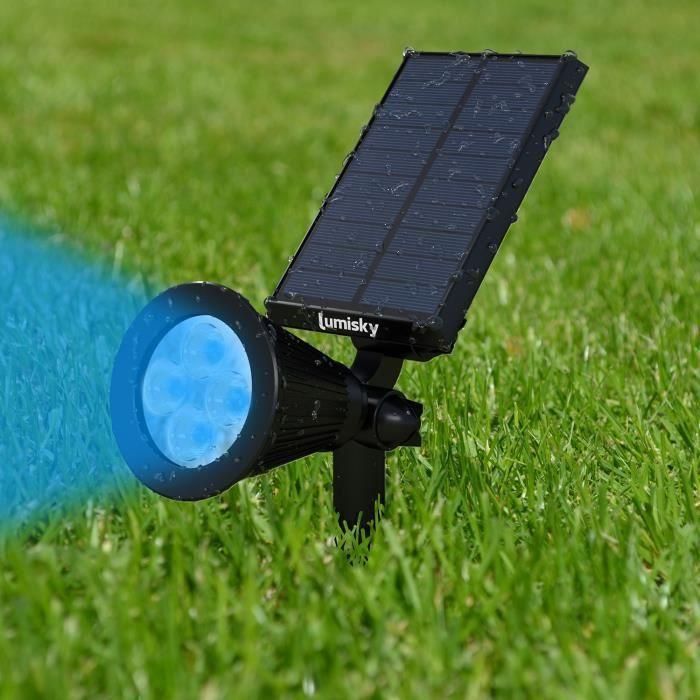 LUMISKY Paquete de 2 puntos solares impermeables para exteriores - 4 LED de colores - 200 Lm - Cabezal giratorio a 90 ° C 1 LUMISKY Paquete de 2 puntos solares impermeables para exteriores - 4 LED de colores - 200 Lm - Cabezal giratorio a 90 ° C 1
