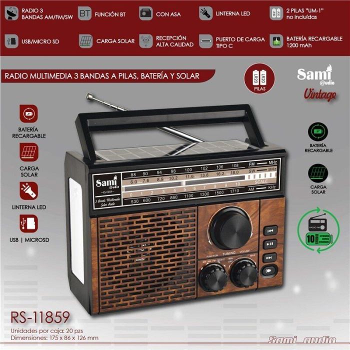 SAMI Radio Vintage Multimedia 3 Bandas - Radio de Transistores con Batería, Solar y Plug