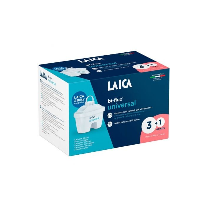 Laica Filtros BI-FLUX F4T Universal 3+1 (4 piezas). Elimina microplásticos, cloro y metales pesados. Conserva minerales esenciales