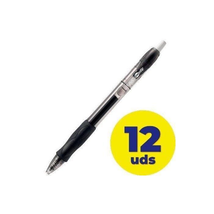 Bic 526275 Bolígrafos Tinta Gel Gelocity, Punta Retráctil 0.7 mm, Ergonómicos, Negros, Caja de 12 Unidades